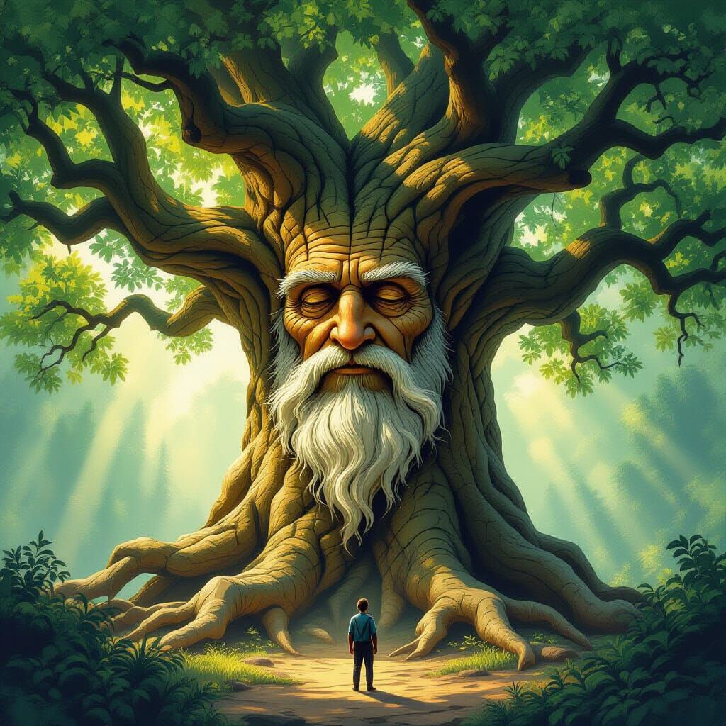 Wise Tree-Man Gazes at Human in Dappled Forest Light
