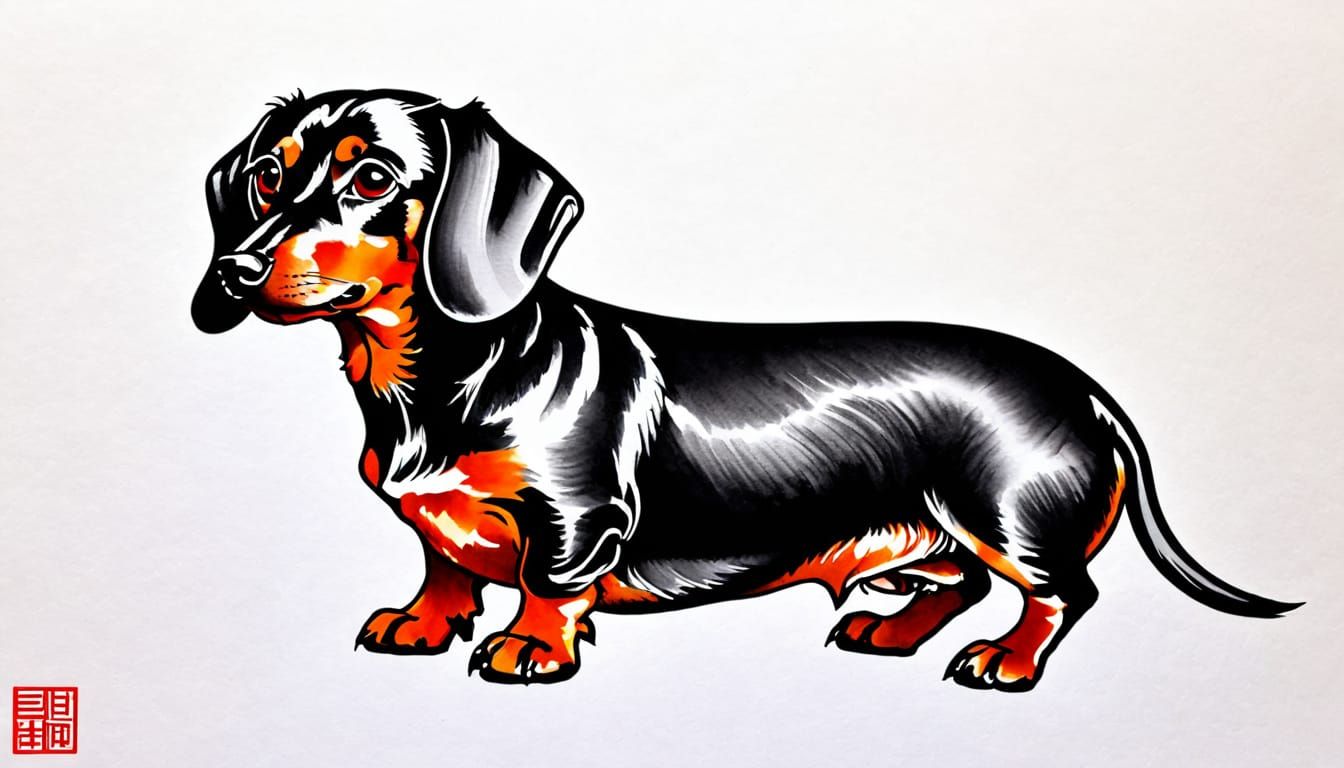 Surreal Chinese Watercolor Dachshund