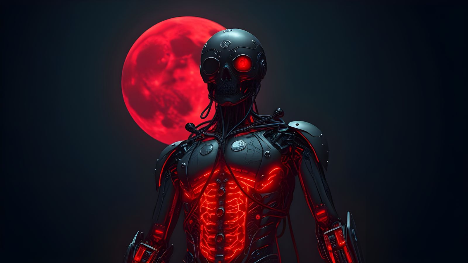 Futuristic Cyborg in Crimson Moonlit Atmosphere