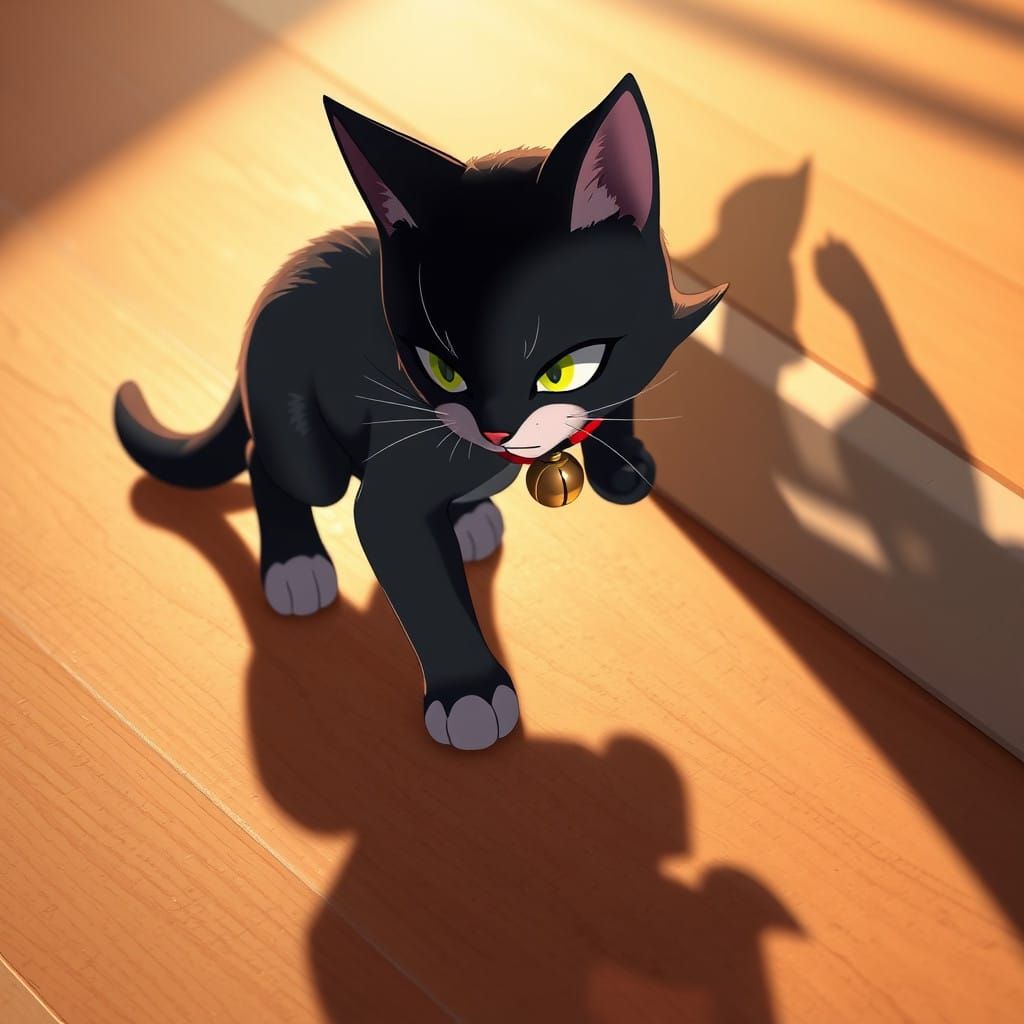 Whimsical Cat Pounces on Shadow in Anime-Inspired Scene