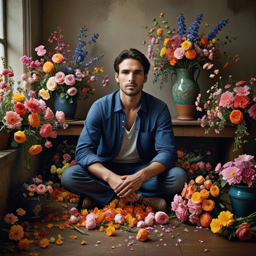 Vibrant Floral Still Life in a Whimsical Studio Setting