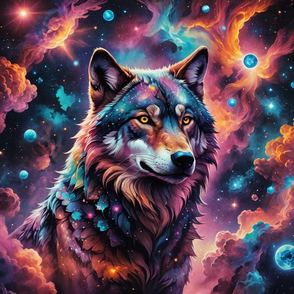 Cosmic Wolf Illustration in Neon Colors