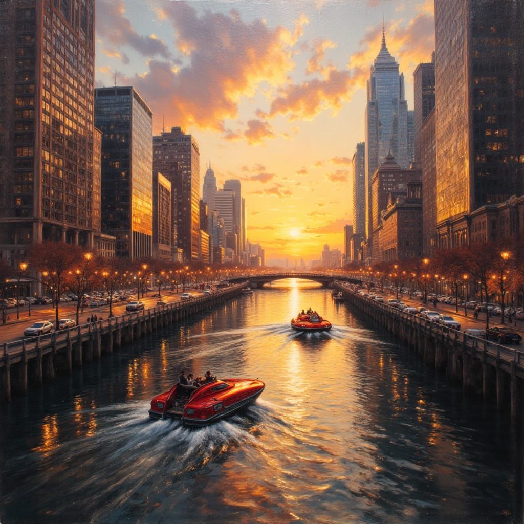 Futuristic Baltimore Harbor Sunset in Hyperrealistic Oil Sty...