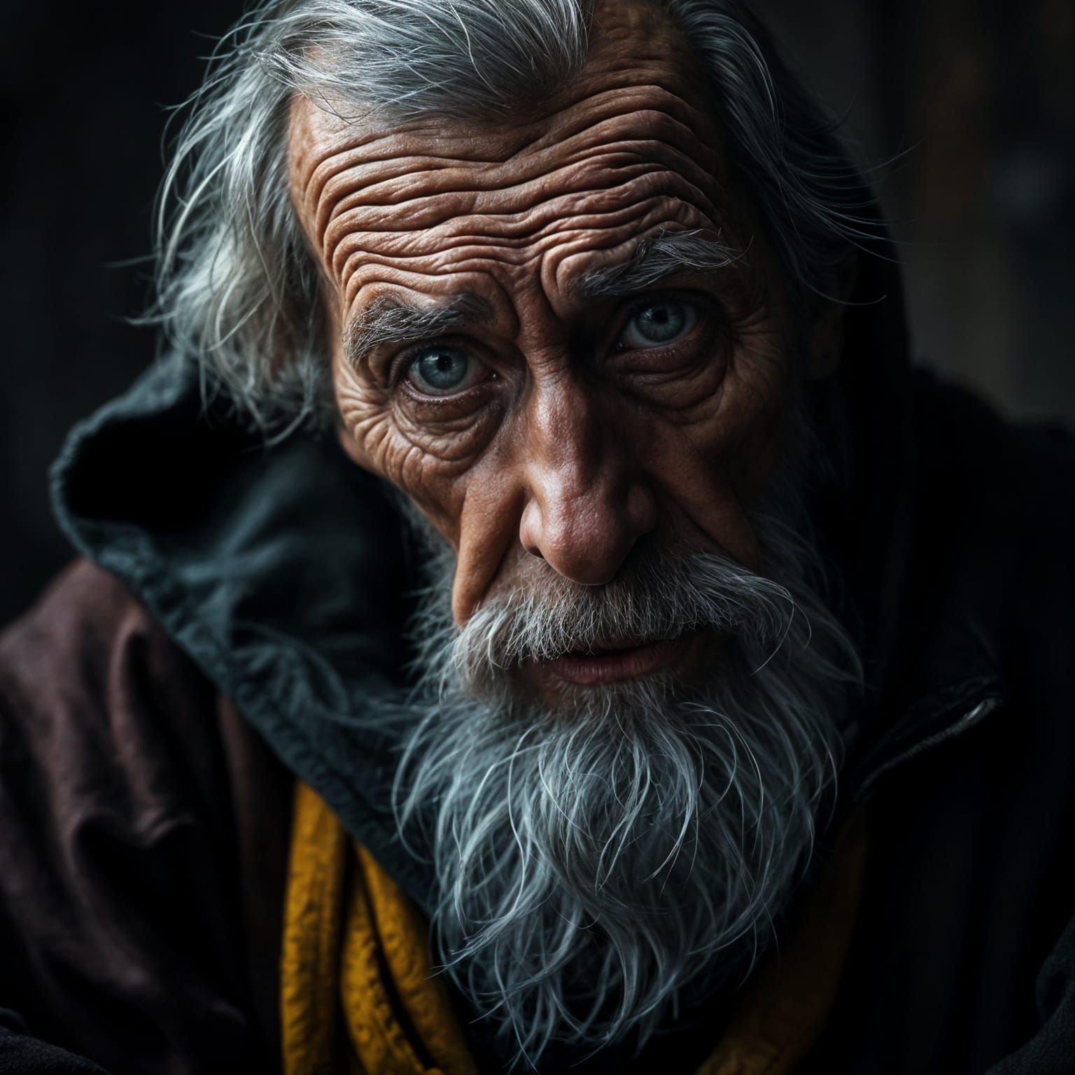A poignant, deeply emotional ultra realistic photo image of an elderly man in poor condition and health, slouched and we...