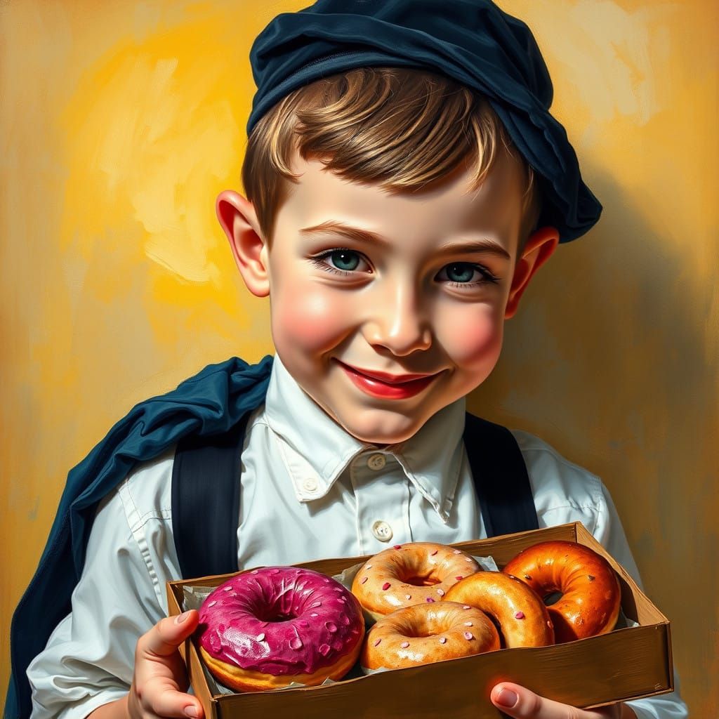 Haredi Jewish Boy Admires Vibrant Donuts in Warm Oil Paintin...