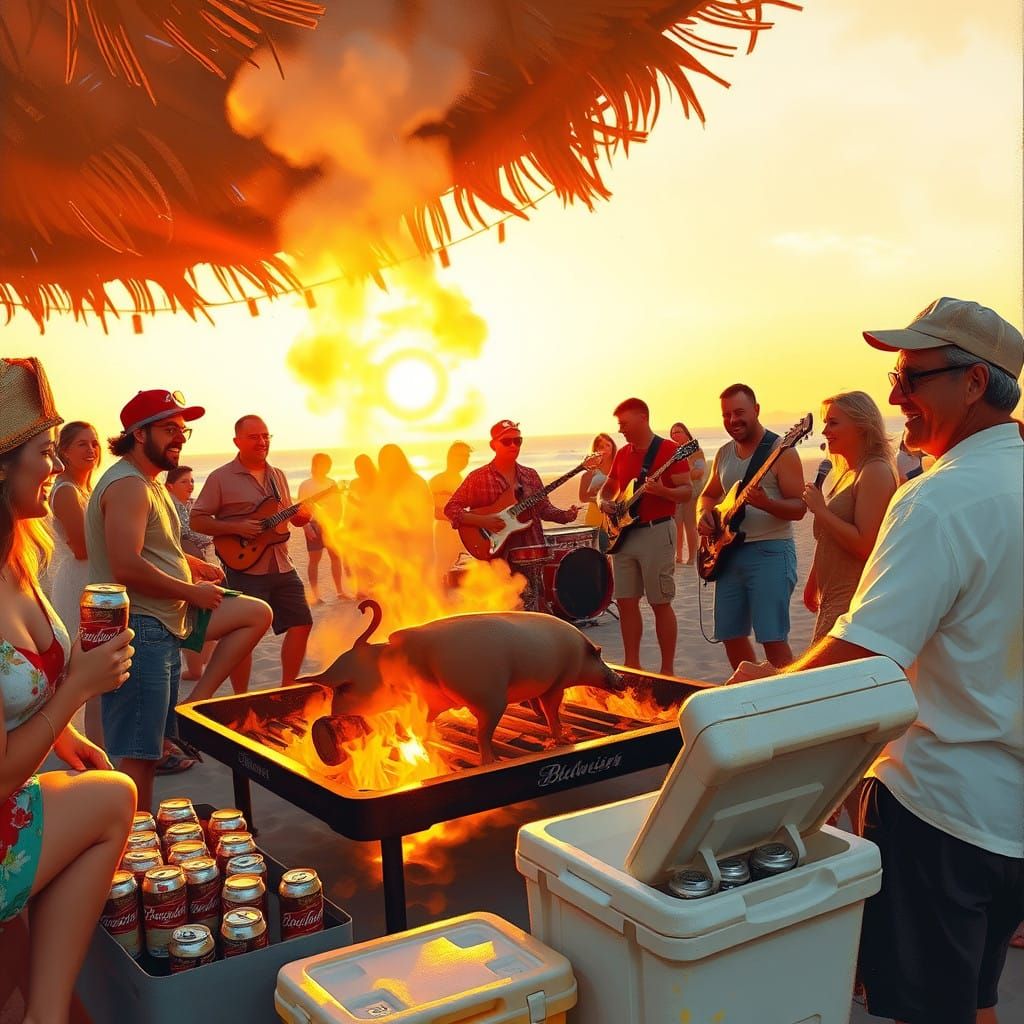 Golden Beach Party in Vibrant Impressionist Style