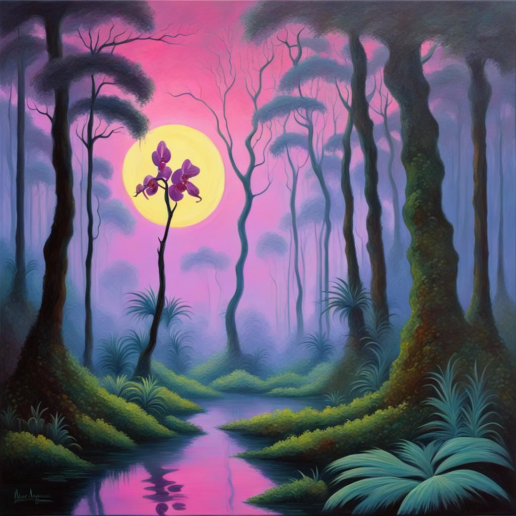 Moonlit Forest with Orchids in Neo-Impressionist Style
