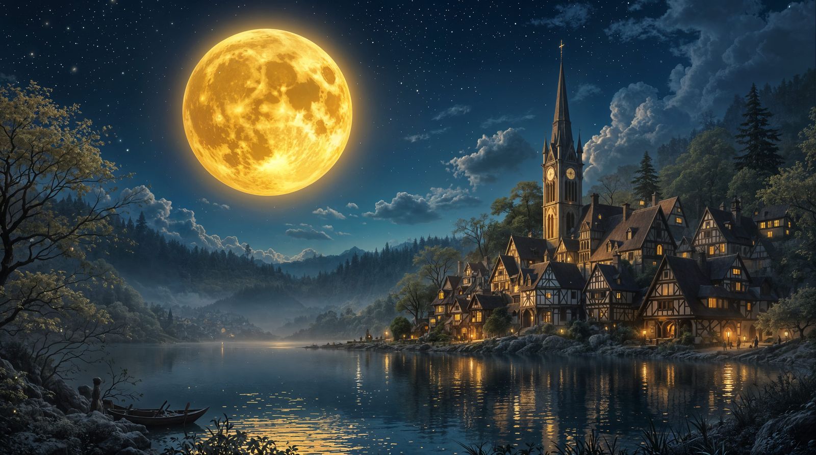 Medieval Village under Super Moonlight