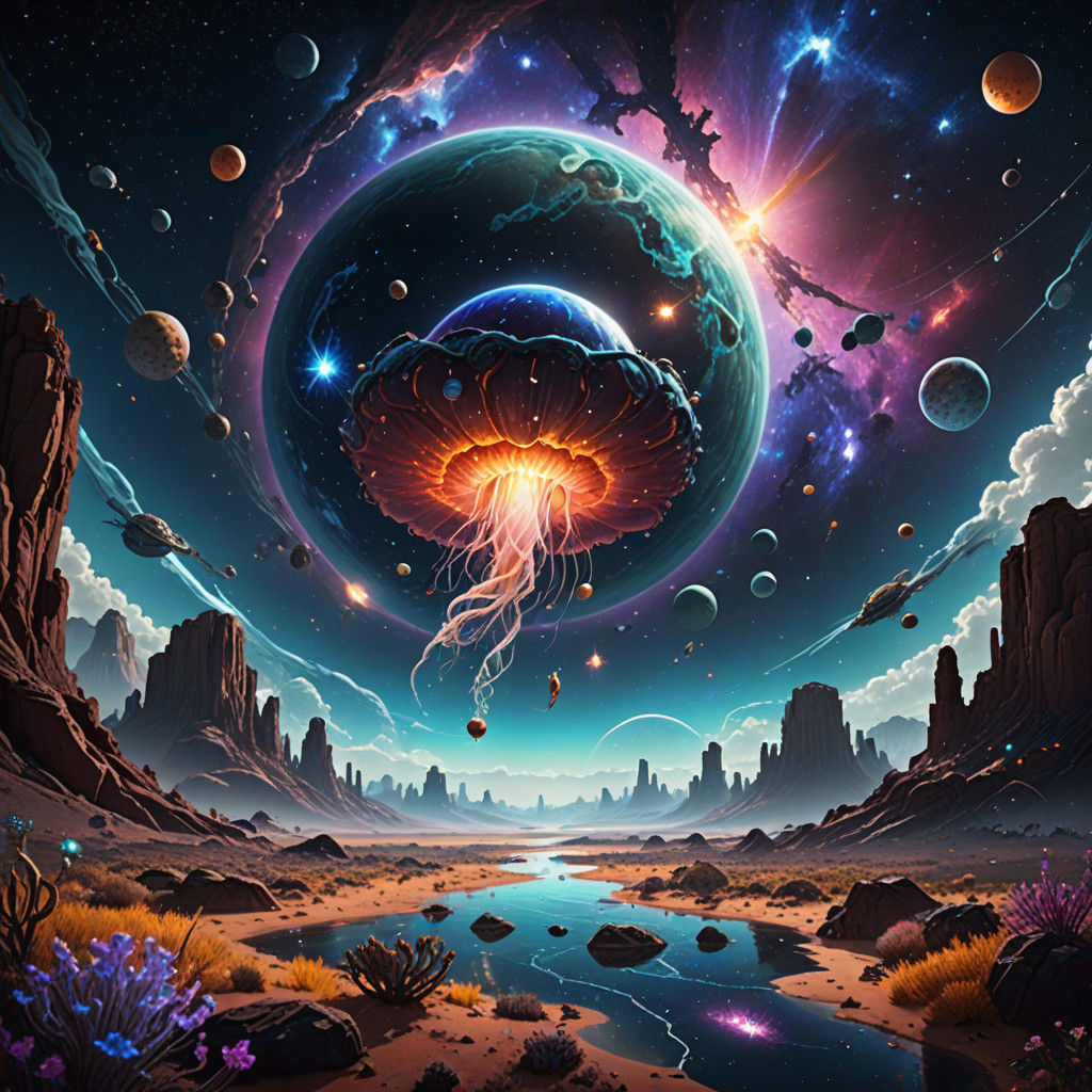 Surreal Cosmic Desert Oasis Amidst Aquatic Wonder