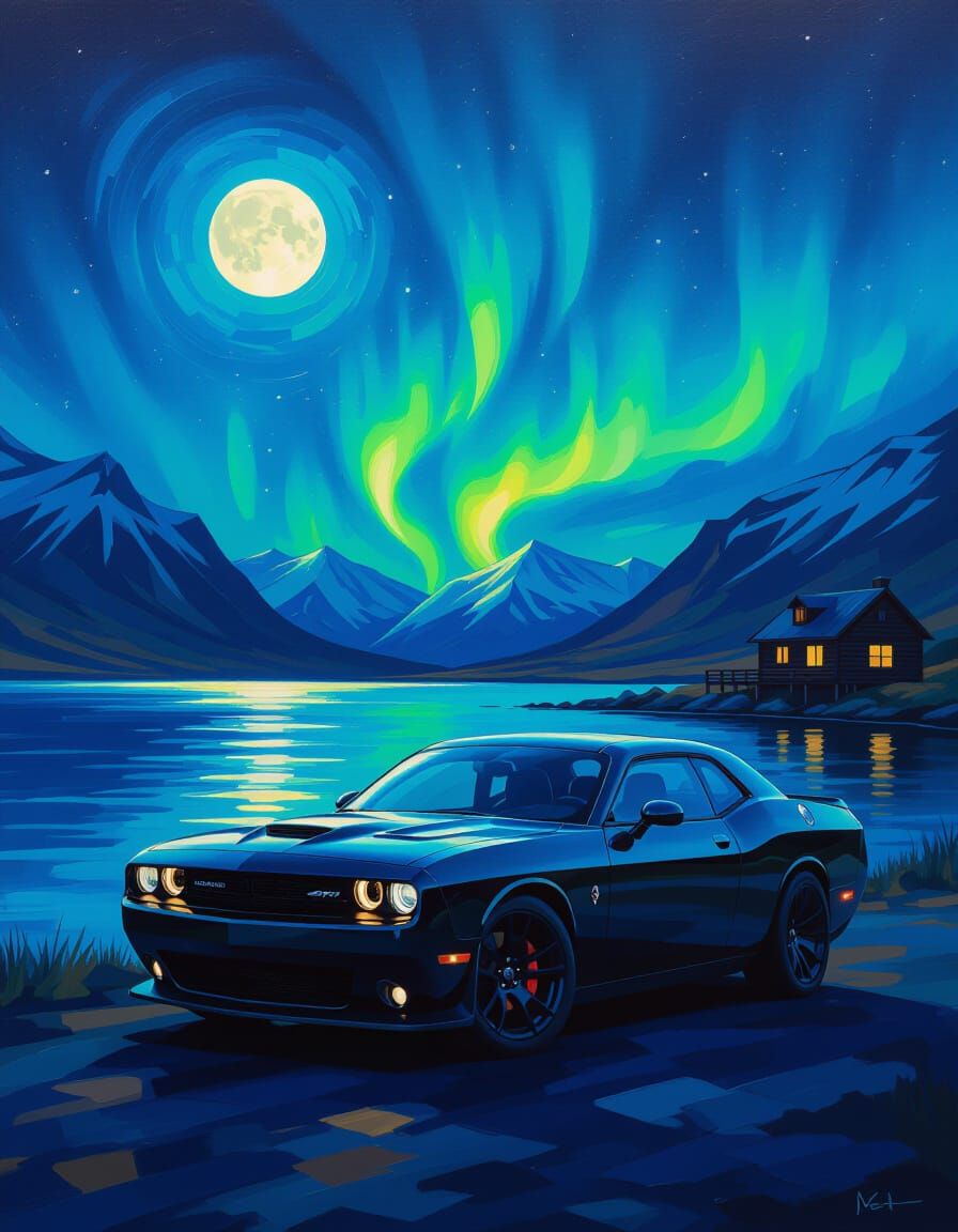 Dodge Challenger by Iceland Lake Under Aurora Borealis