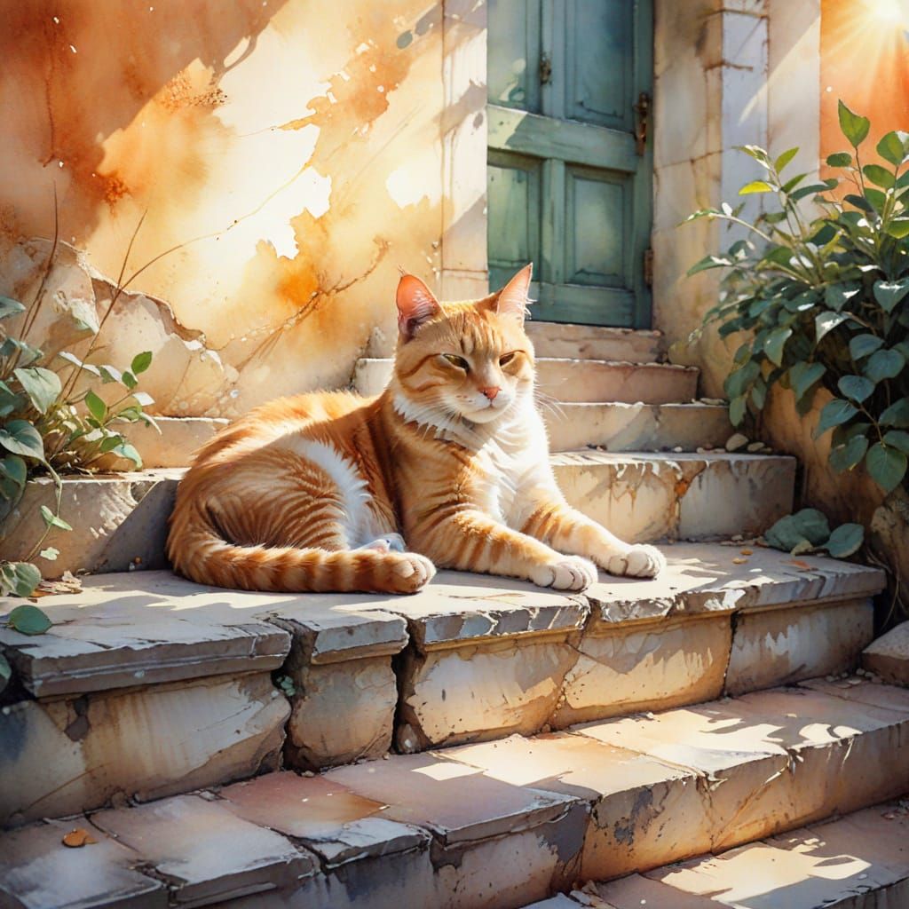 Ancient Mediterranean Ginger Cat in Warm Watercolor Light