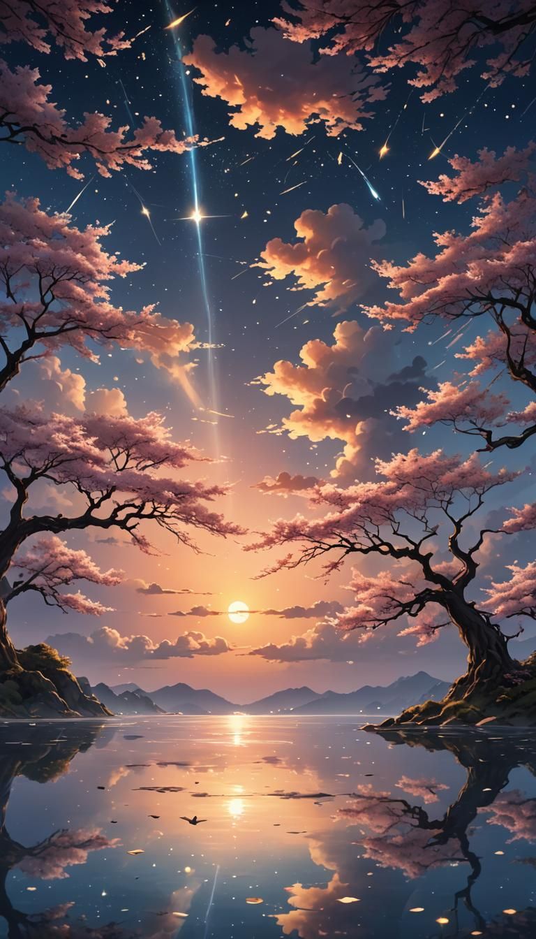 Mystical Sunset Scene with Sakura Tree Reflection