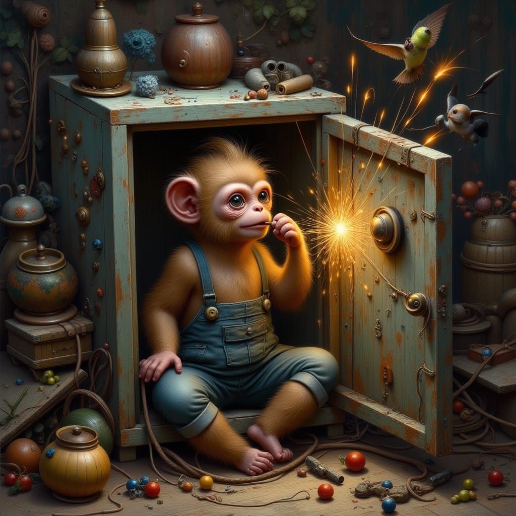 Mischievous Monkey Chewing Wire in Electrical Cabinet