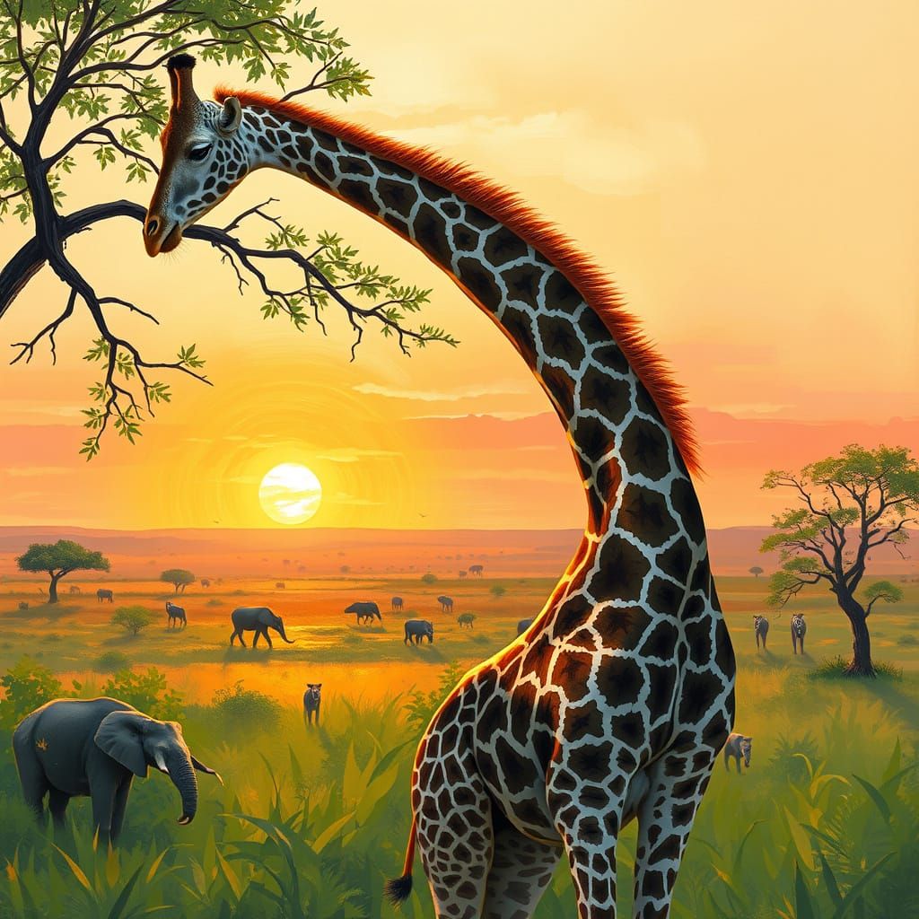 Fractal Giraffe Grazing in Savanna, Impressionistic Style