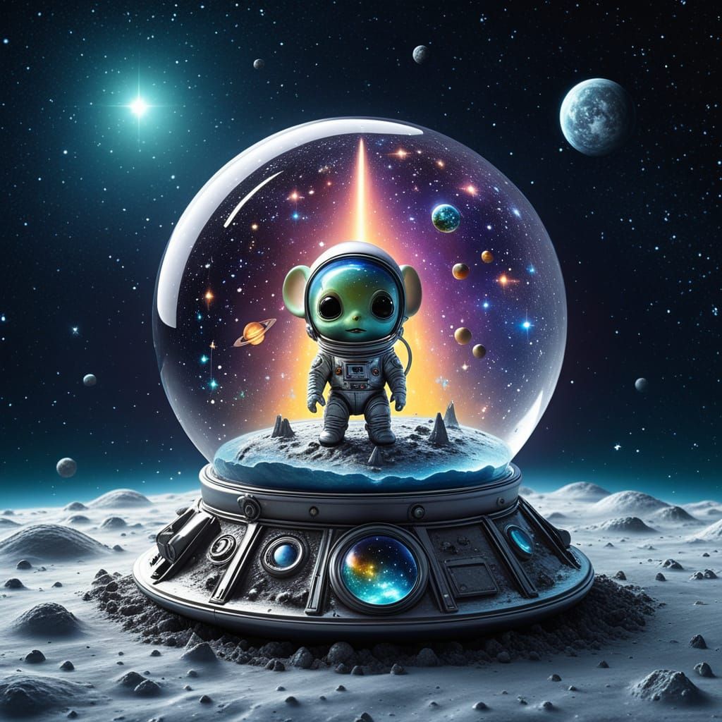 Chibi Mouse in Alien Spaceship on Moon, Hyperrealistic Splas...