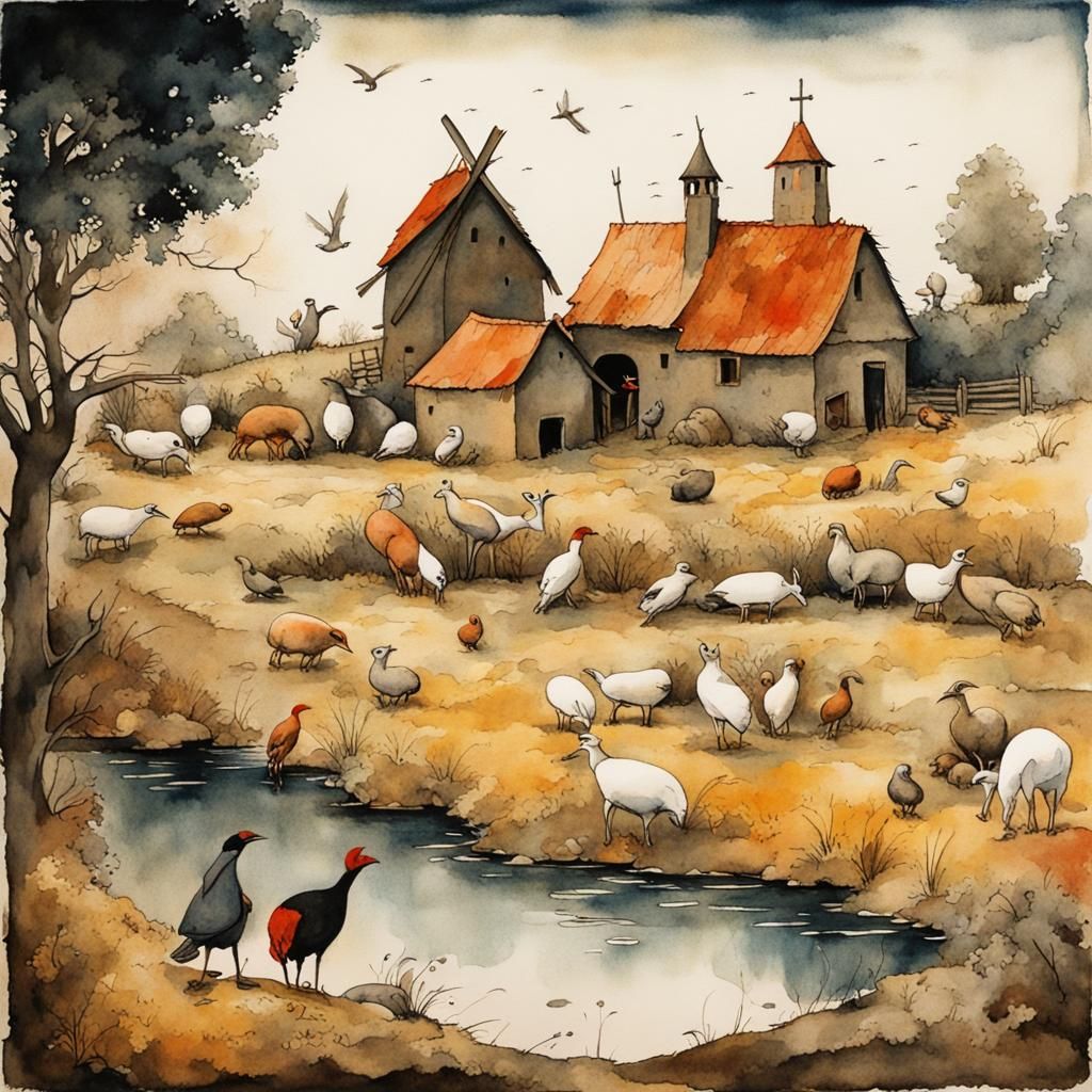 Fantasy Farmyard Scene in Watercolor Style