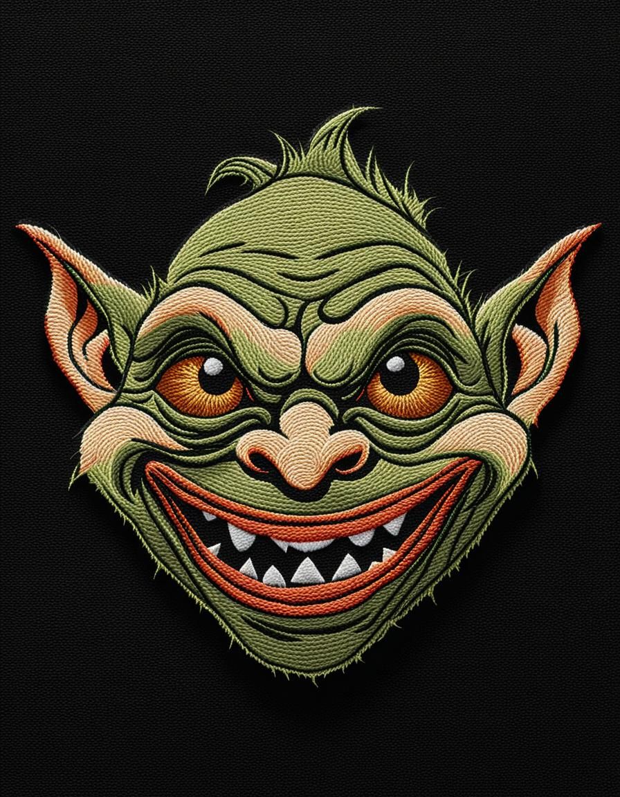 Embroidered Goblin Patch on Black Canvas