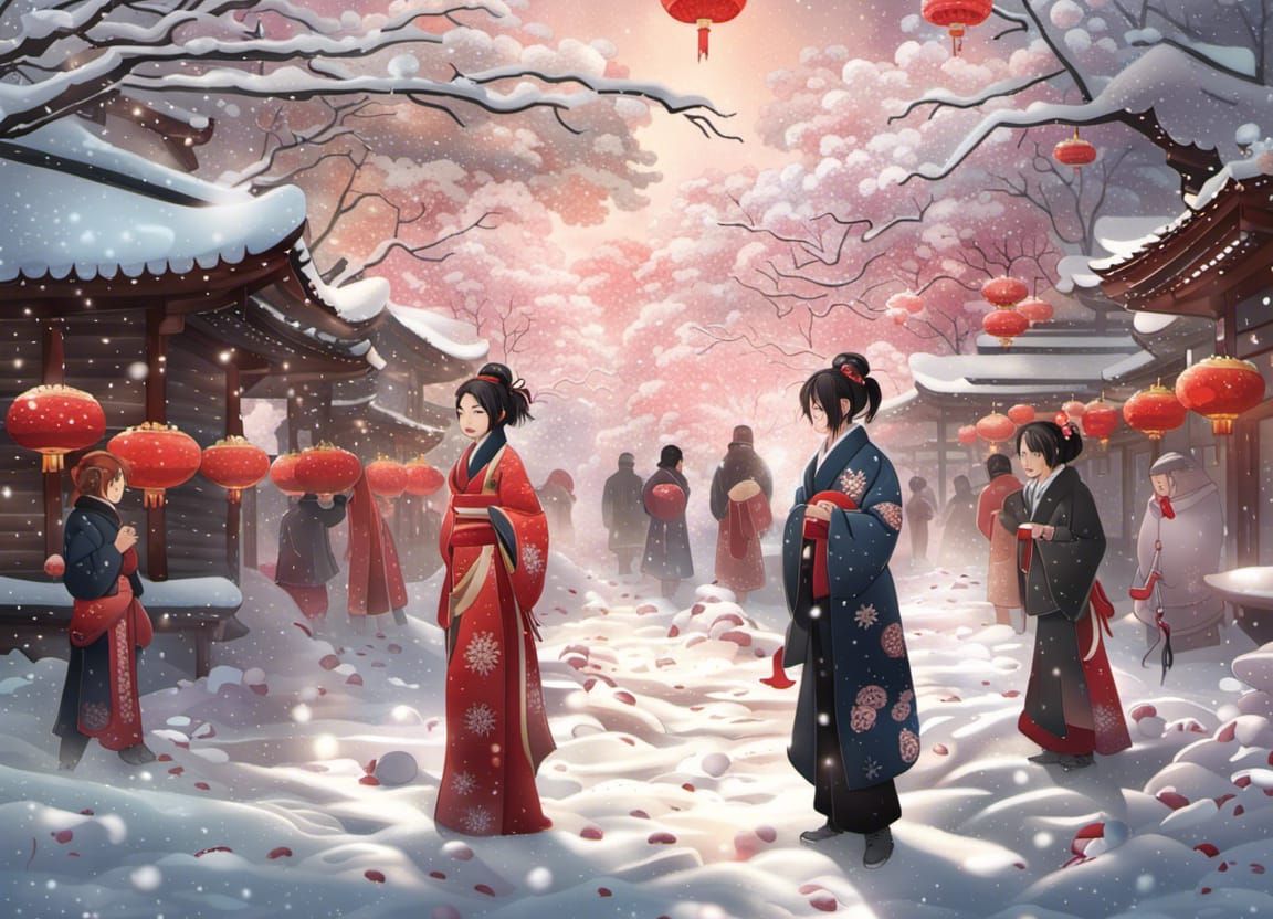 Japanese New Year Celebration in Winter Snow