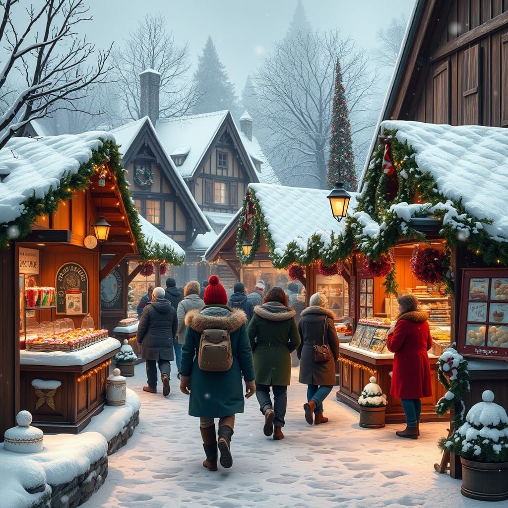 Whimsical German Christmas Market in Snowy Suburbs