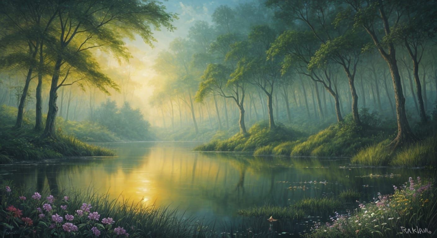Misty Forest Lake Painting with Fireflies and Flowers