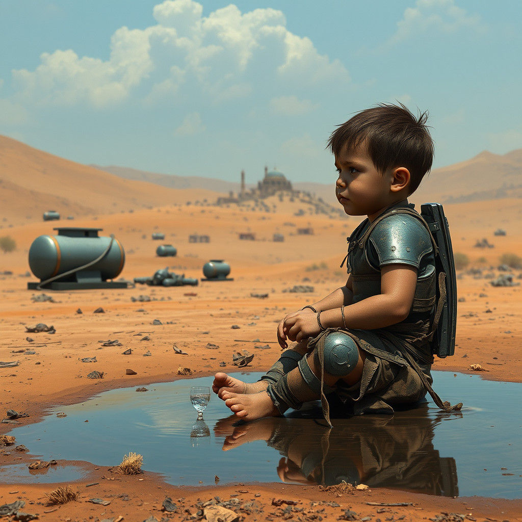 Child Asks Soldier for Water in Post-Apocalyptic Desert