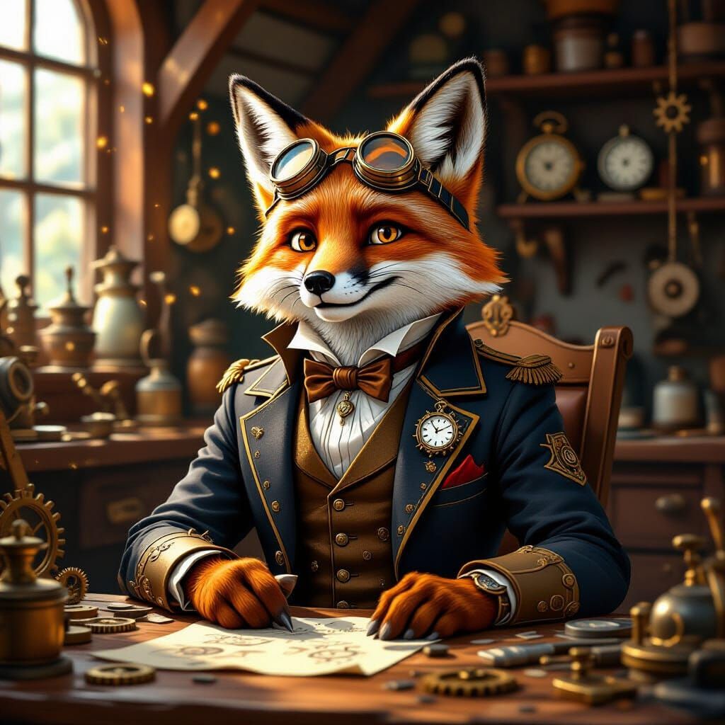 Steampunk Fox Inventor's Workshop with Gears and Tools