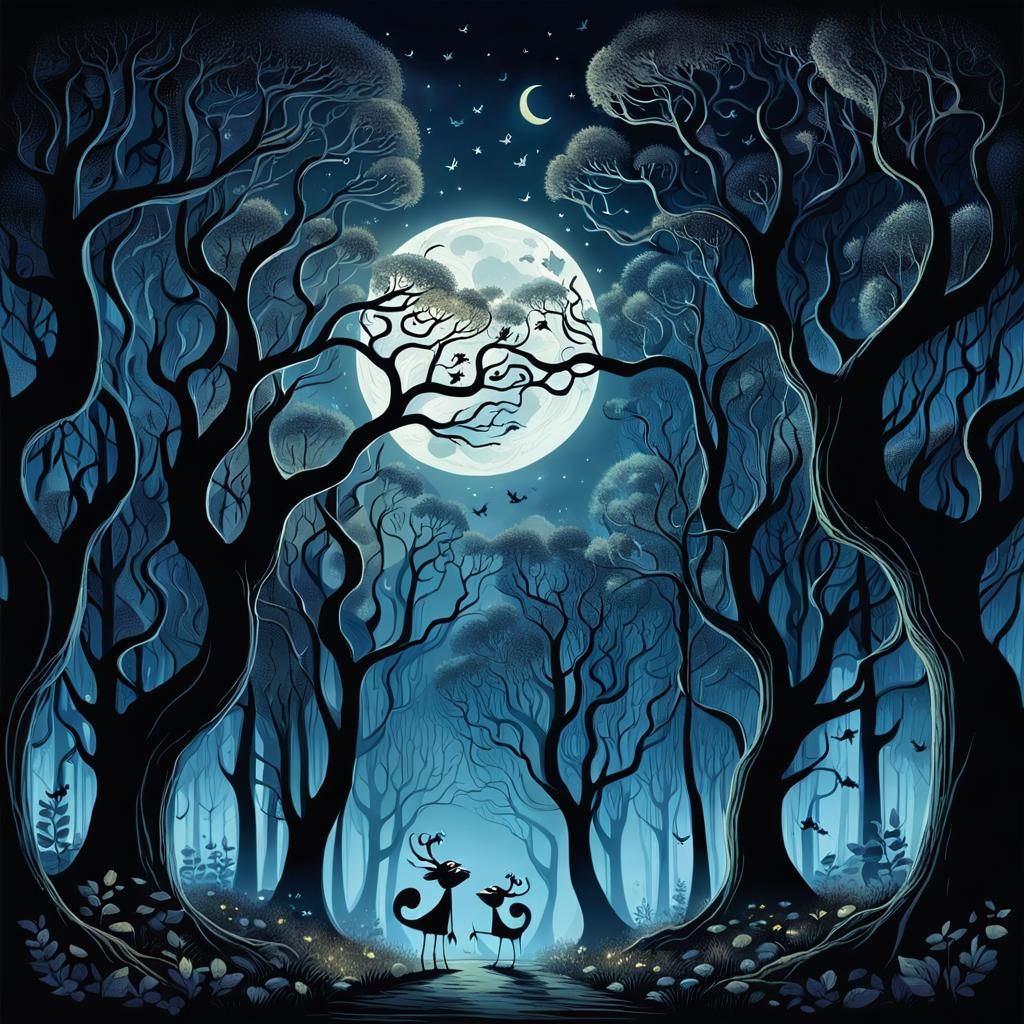 Enchanted Whispering Trees in Moonlit Forest
