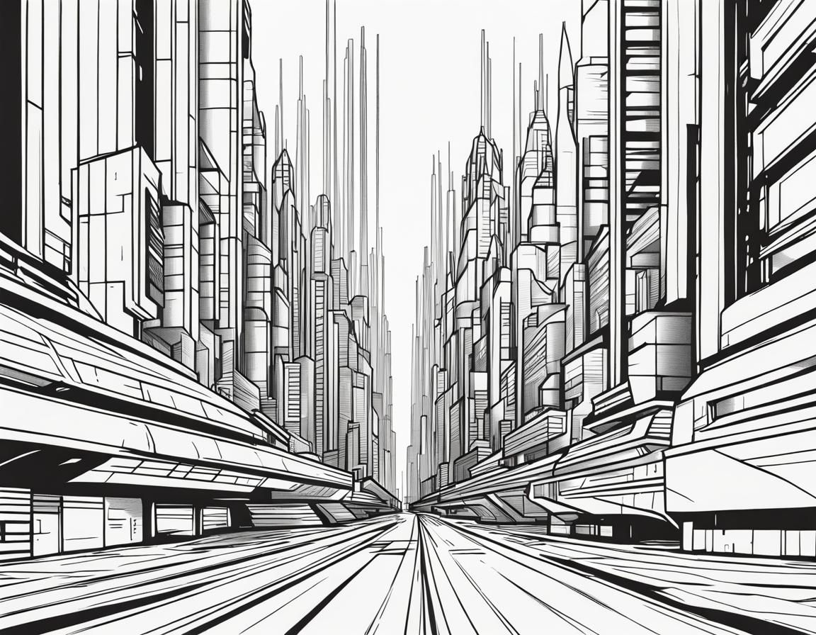 Futuristic City Street in Line Art