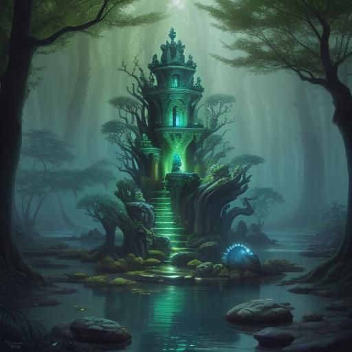 Sentient Stone Fountain in Mystical Forest