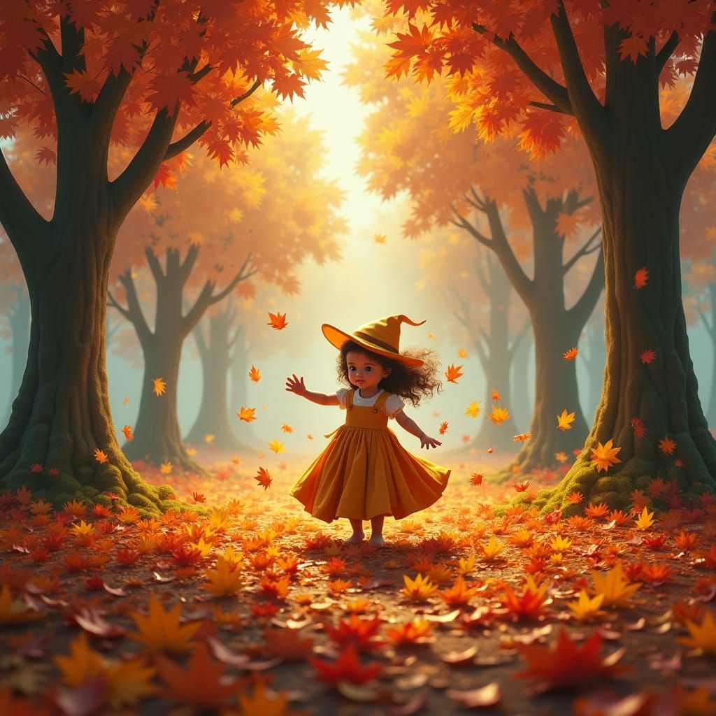 Child in Autumnal Attire Playing in Golden Leaves