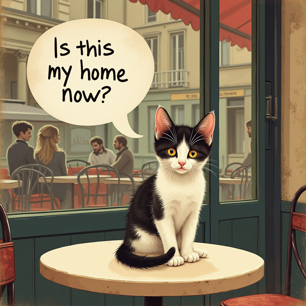 Kitten Contemplates New Home in Paris Cafe