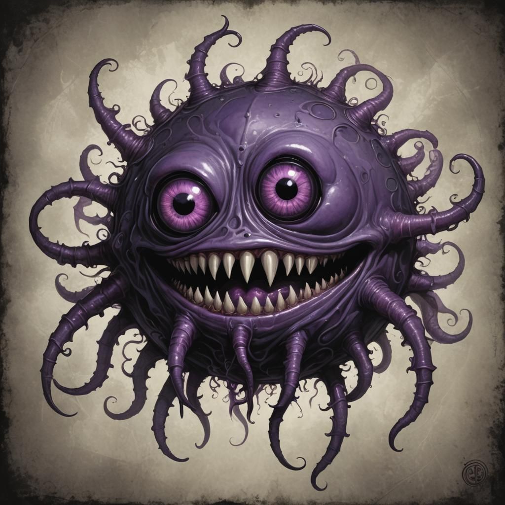 A captivating dark fantasy illustration featuring a humorous, floating Suezo creature with a unique resemblance to a Beh...