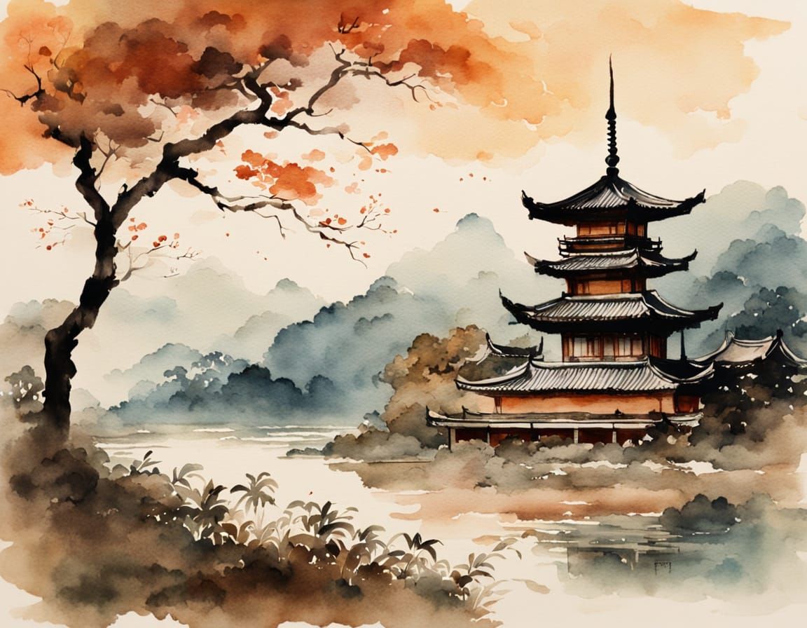 Asian Pagoda Landscape in Watercolor Postcard Style