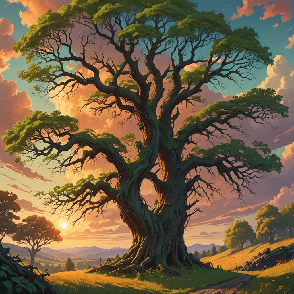 Majestic Tree at Sunset: Digital Matte Painting