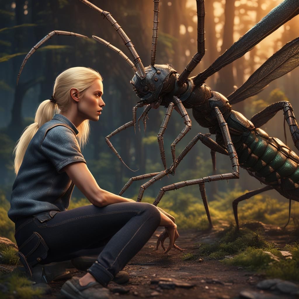 Model Fights Insect in Detailed Matte Painting