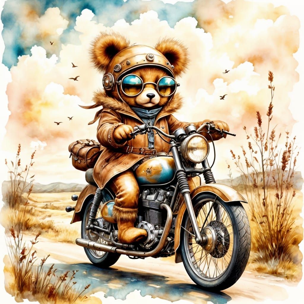 Steampunk Teddy Bear Rides a Motorcycle Through a Whimsical ...