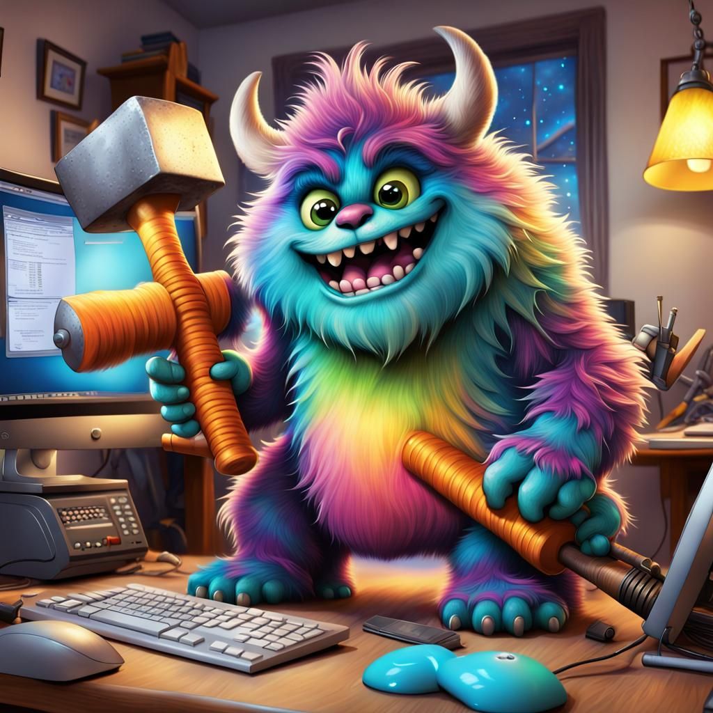 Cute Monster Smashes Computer in Airbrush Art