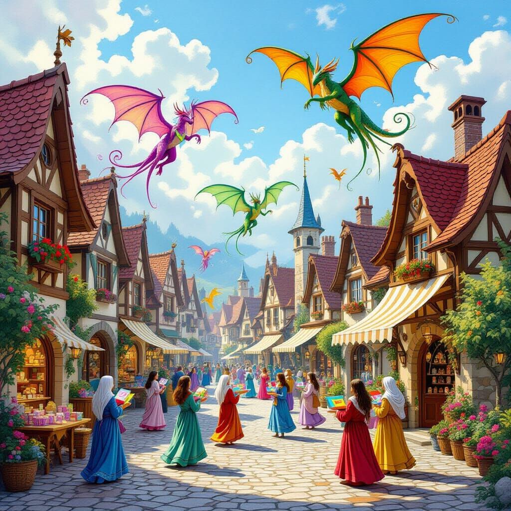 Whimsical Village Festival with Mythical Kites