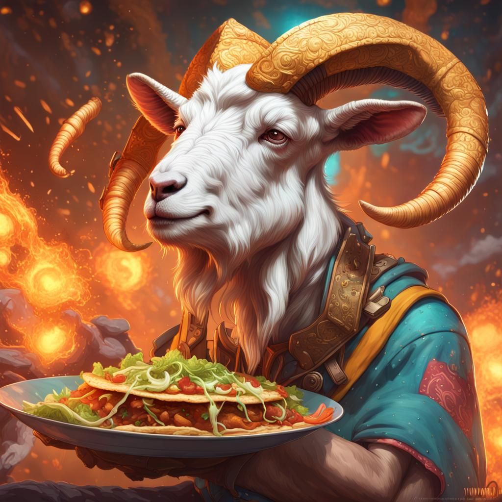 Flaming Goat Eats Exploding Tacos: Hyperdetailed Portrait