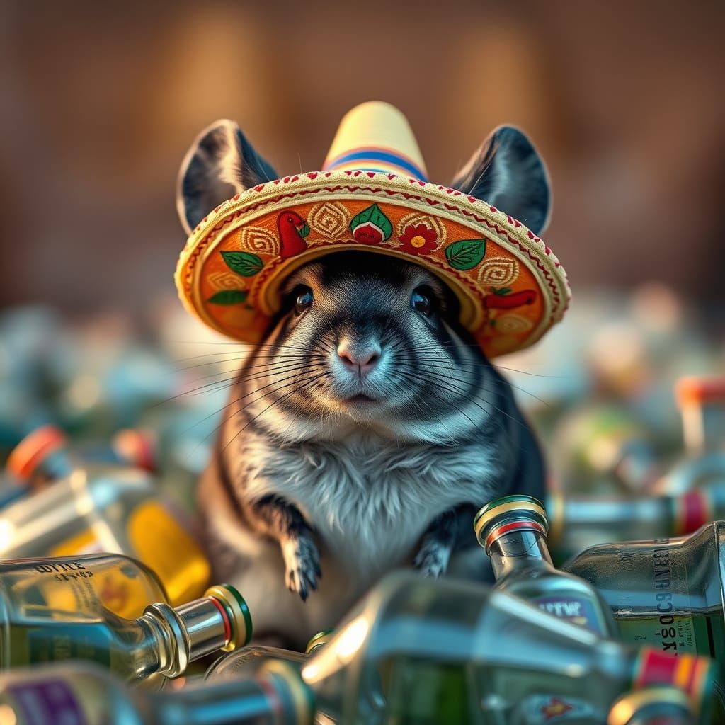 Chinchilla in Sombrero with Tequila Bottles
