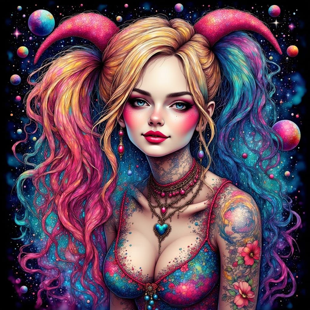 Tattooed Harley Quinn Smiling in Cosmic Abstract Style