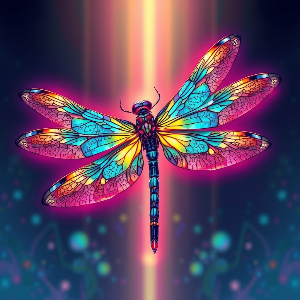 Neon Dragonfly with Stained-Glass Wings in Vector Art