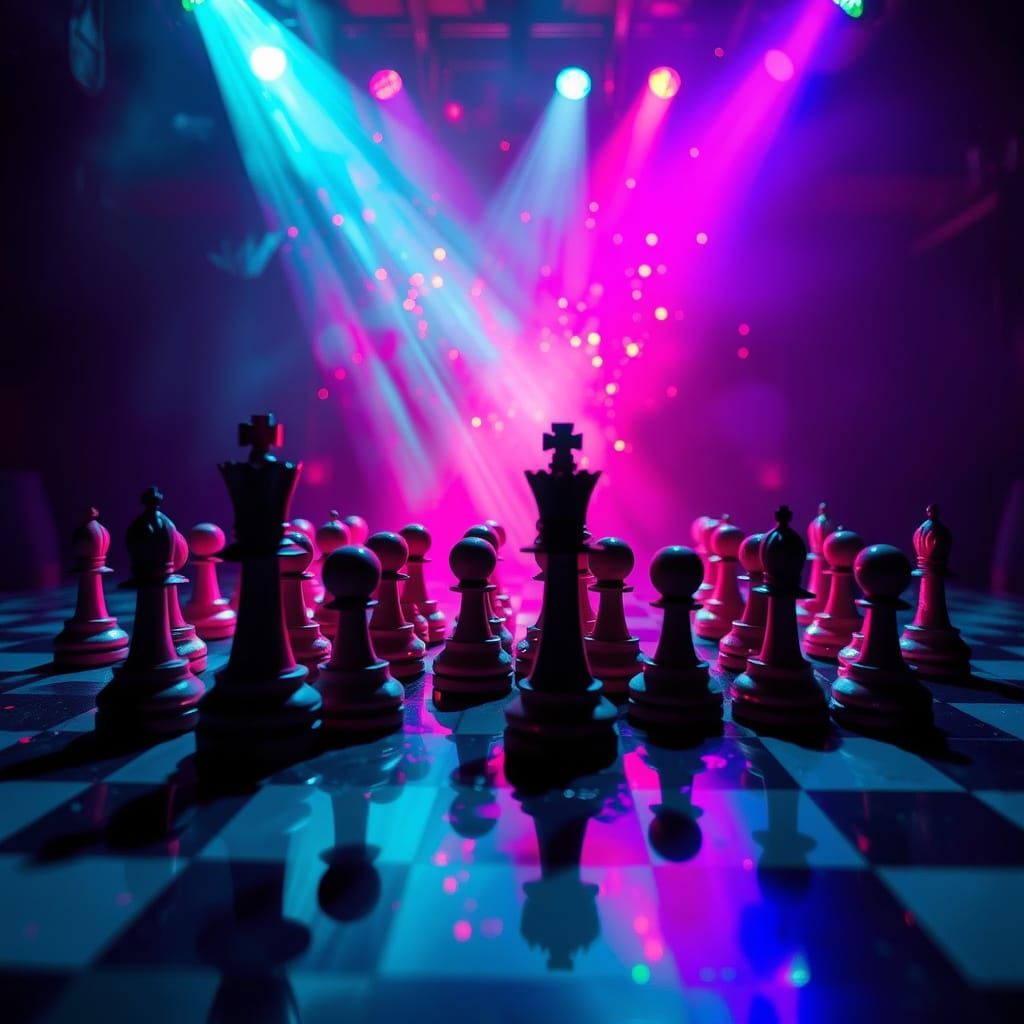 A chess board turning into a disco floor with chess pieces dancing