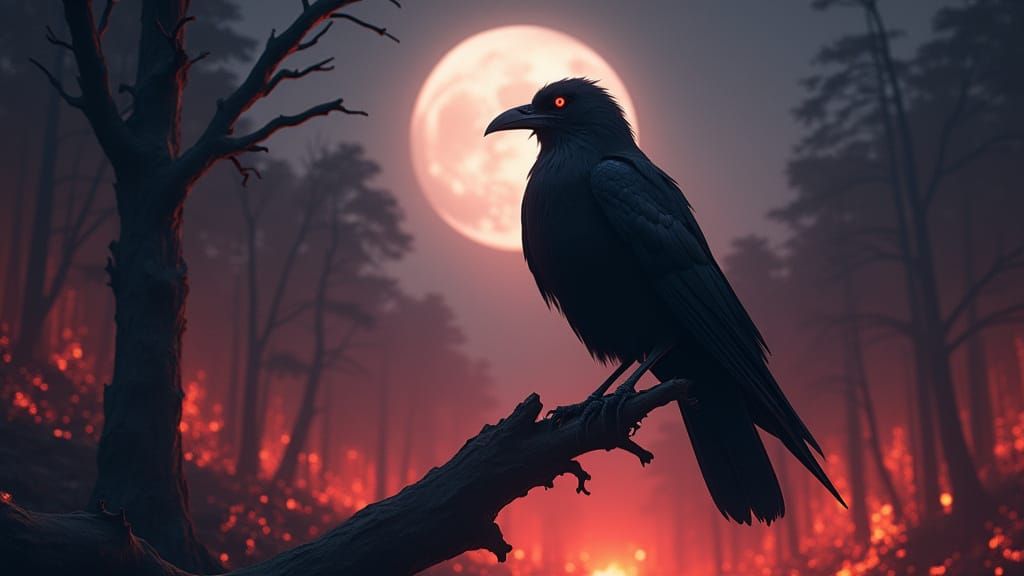Majestic Fire Raven Silhouetted Against Burning Forest