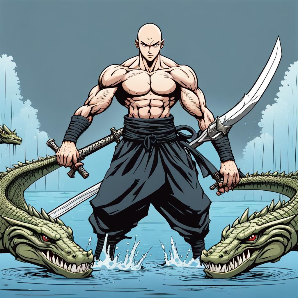 Ninja Warrior with Winged Sword in Manga Style