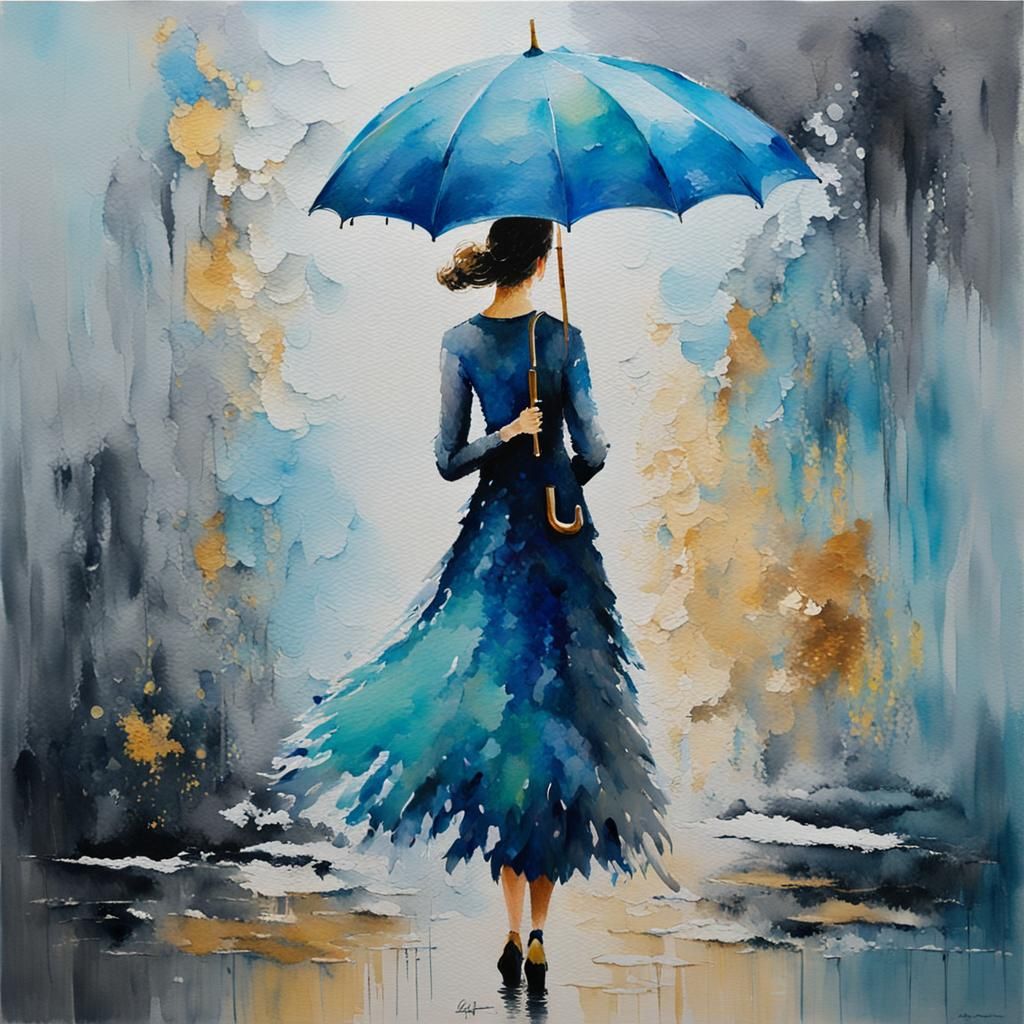 Woman with Umbrella in Palette Knife Watercolor