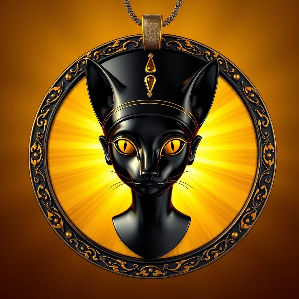 Stunning Black Gold Pendant with Intricately Carved Feline N...