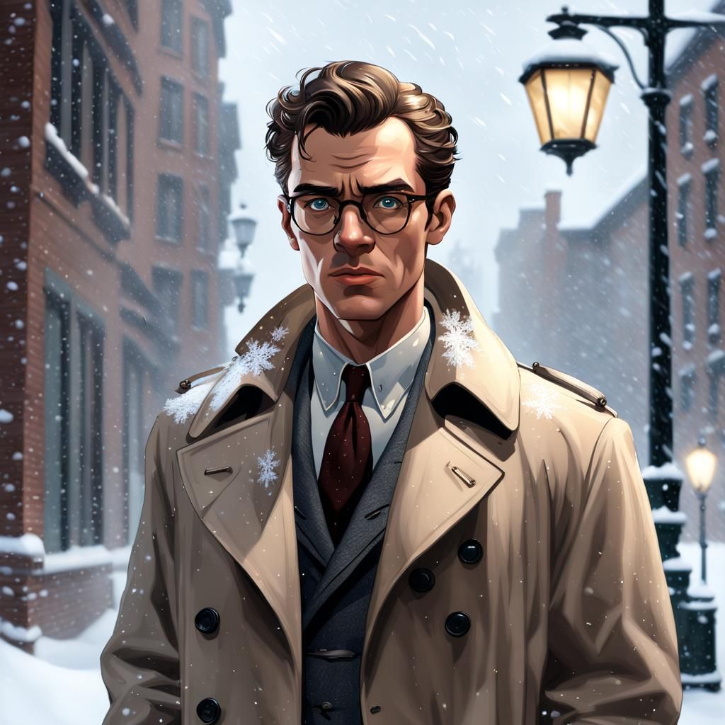 1950s Detective in Snowy Street, Hyperrealistic Portrait