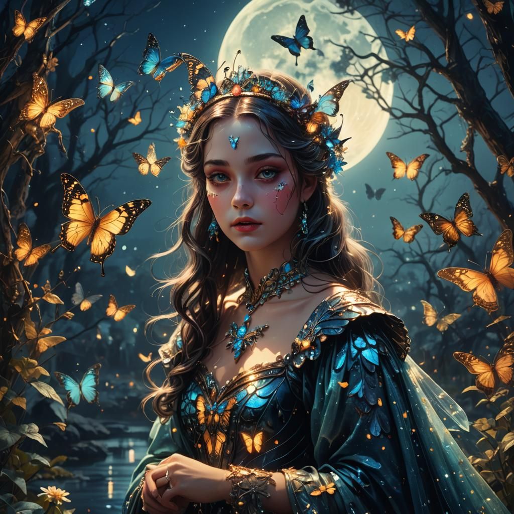 Glowing Butterfly Princess in Moonlight, Digital Art