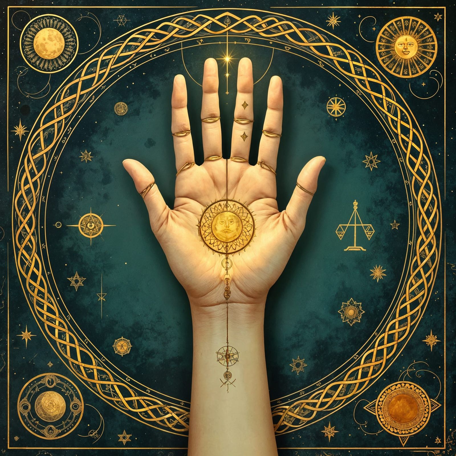 Mystical Palm with Astrological Symbols in Vintage Style